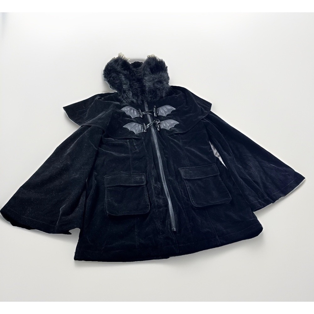 Killstar Nightfever Duffle Coat Goth Jacket Vampire XL Black Zip Up Velvet Bat